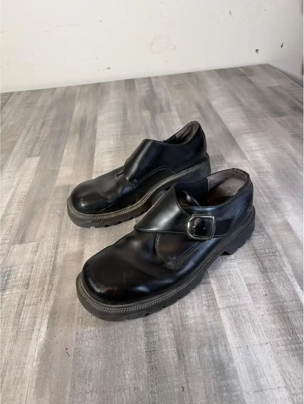 Skechers Mens Size 13 Black Leather Y2K Chunky Buckle Strap Moto Goth Platform
